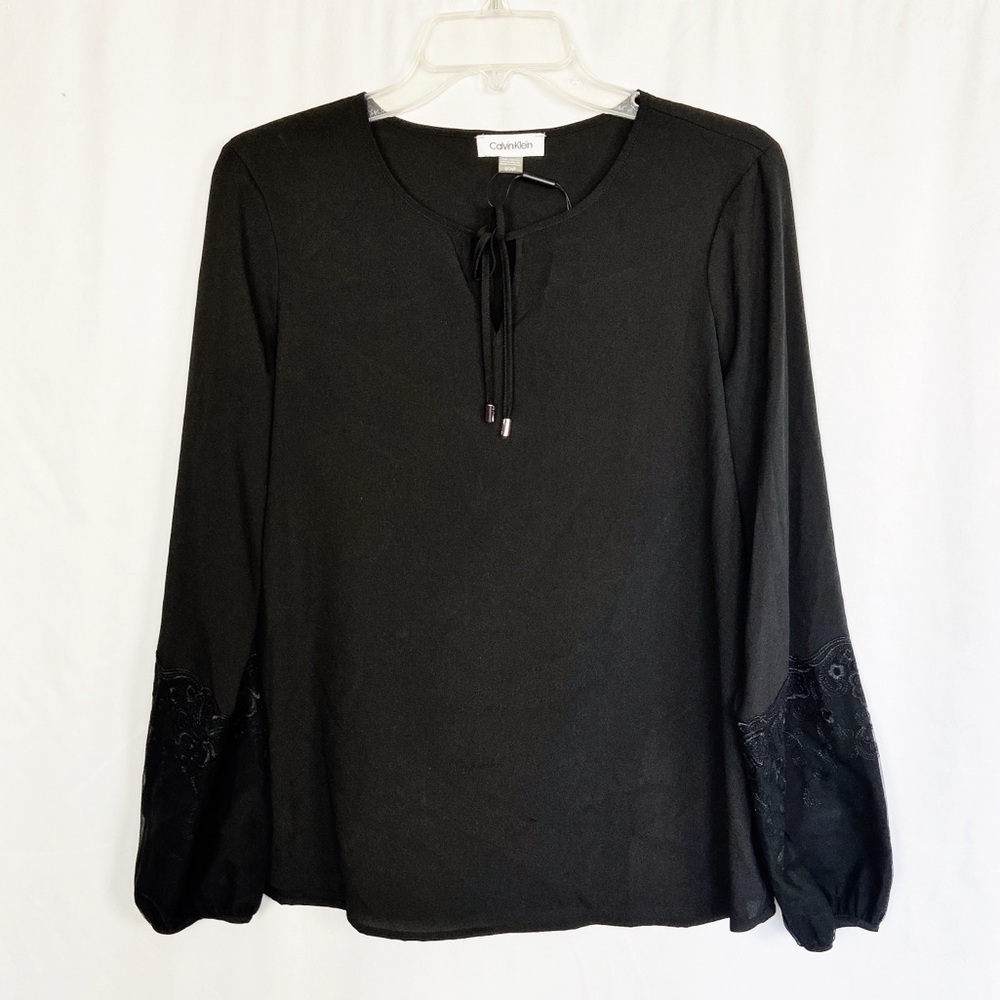 Calvin Klein black lace detail puff sleeve top S